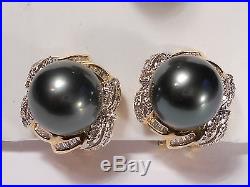 Tahitian black pearl set(ring, earrings, pendant), diamonds, solid 14k yellow gold