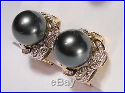 Tahitian black pearl set(ring, earrings, pendant), diamonds, solid 14k yellow gold