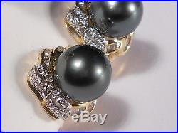 Tahitian black pearl set(ring, earrings, pendant), diamonds, solid 14k yellow gold