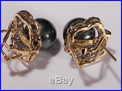 Tahitian black pearl set(ring, earrings, pendant), diamonds, solid 14k yellow gold