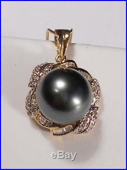 Tahitian black pearl set(ring, earrings, pendant), diamonds, solid 14k yellow gold