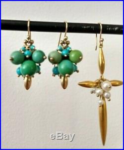 Ted Muehling Earrings set 10k Pearl Crosses, Turquoise bug clusters, Gold Chips