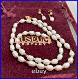 The Museum Company 14K Gold Pearl & Ruby Necklace & Earrings Never Worn In Box