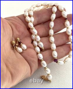 The Museum Company 14K Gold Pearl & Ruby Necklace & Earrings Never Worn In Box