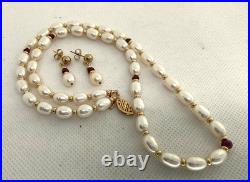 The Museum Company 14K Gold Pearl & Ruby Necklace & Earrings Never Worn In Box