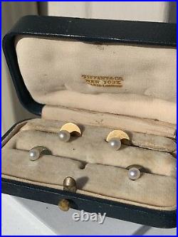 Tiffany & Co 18K Yellow Gold 4 Pearl Dress Studs Original Box Vintage Antique