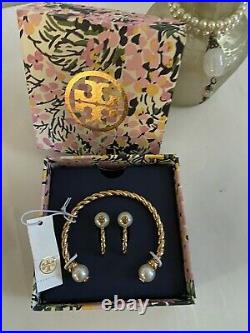 Tory Burch 73376 Pearl Rope Logo Bead Cuff Bracelet Earring Set Gift Box