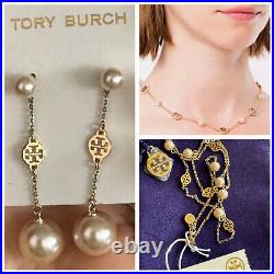 Tory Burch Necklace and Earing Set, Yellow Gold Pearl and Logo