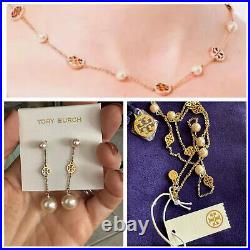 Tory Burch Necklace and Earing Set, Yellow Gold Pearl and Logo