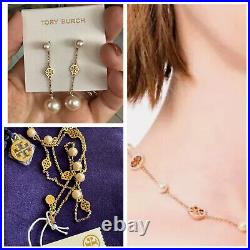 Tory Burch Necklace and Earing Set, Yellow Gold Pearl and Logo