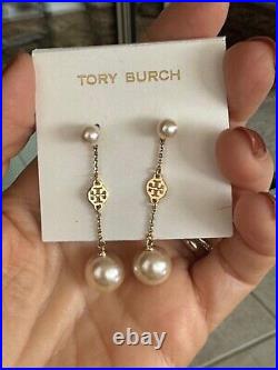 Tory Burch Necklace and Earing Set, Yellow Gold Pearl and Logo