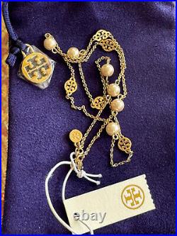 Tory Burch Necklace and Earing Set, Yellow Gold Pearl and Logo