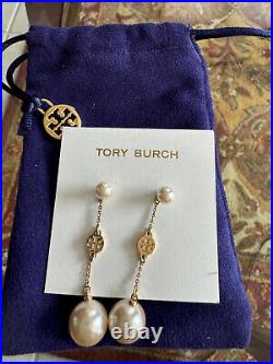 Tory Burch Necklace and Earing Set, Yellow Gold Pearl and Logo