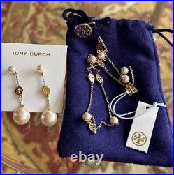 Tory Burch Necklace and Earing Set, Yellow Gold Pearl and Logo