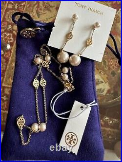 Tory Burch Necklace and Earing Set, Yellow Gold Pearl and Logo