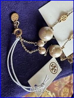 Tory Burch Necklace and Earing Set, Yellow Gold Pearl and Logo