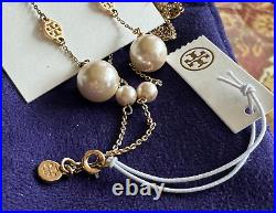 Tory Burch Necklace and Earing Set, Yellow Gold Pearl and Logo