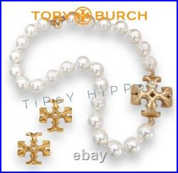 Tory Burch Roxanne Pearl and Gold Necklace & Earring Set