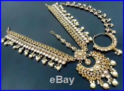 Traditional Lct Polki Pearl Gold Tone Necklace Bridal Dulhan Jewelry Set 7 Pcs