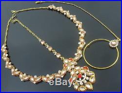 Traditional Red Kundan Pearl Cz Gold Tone Necklace Bridal Jewelry Set 9 Pcs