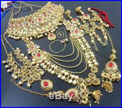 Traditional Red Kundan Pearl Gold Tone Necklace Bridal Dulhan Jewelry Set 9 Pcs