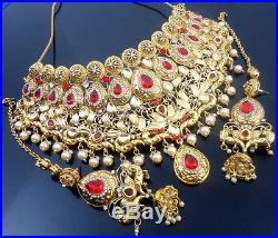 Traditional Red Kundan Pearl Gold Tone Necklace Bridal Dulhan Jewelry Set 9 Pcs