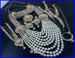 Traditional White Kundan Pearl Cz Gold Tone Necklace Bridal Jewelry Set 8 Pcs
