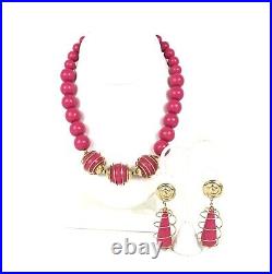 Trifari 80's Pink Bead Gold Spiral Earring Necklace Set Vintage Costume Jewelry