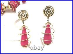 Trifari 80's Pink Bead Gold Spiral Earring Necklace Set Vintage Costume Jewelry