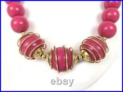 Trifari 80's Pink Bead Gold Spiral Earring Necklace Set Vintage Costume Jewelry