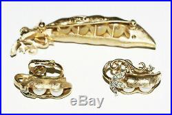 Trifari Faux Pearl Peas In A Pod Gold Tone Vintage Brooch and Matching Earrings