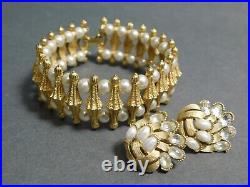 Trifari Jewellery Set Necklace Bracelet & Earrings Gold Tone & Pearls Signed SAM