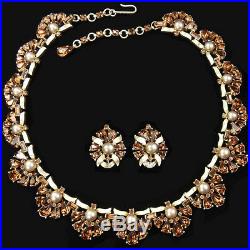 Trifari Maharajah 1950s Jewels of India Gold Topaz Pearls Necklace Earrings Set