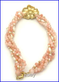 Trifari Pink Coral Faux Pearl and Gold Flower Necklace and Clip On Earrings SET