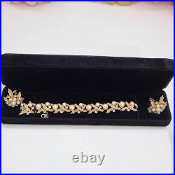 Trifari Vintage Gold Tone Crown Faux Pearl & Rhinestone Leaf Bracelet & Earrings