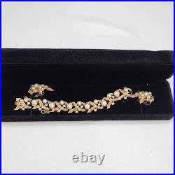 Trifari Vintage Gold Tone Crown Faux Pearl & Rhinestone Leaf Bracelet & Earrings