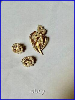 Trifari Vintage Pearl, Rhinestone, & Gold Brooch & Earring Set