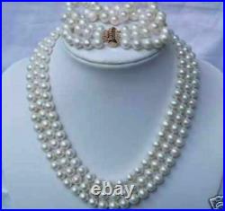 Triple strands SOUTH SEA AAA 8-7MM WHITE PEARL NECKLACE BRACELET 14K gold set