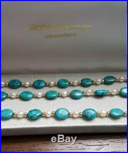 Turquoise/Pearl/Gold 14k Set Necklace and Bracelet