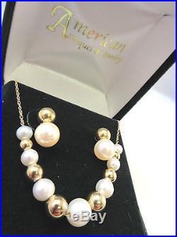UNIQUE 14K ADD A BEAD PEARL & GOLD NECKLACE SET MARKED EBH With BOX