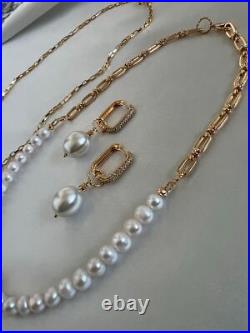UNIQUE Half Chain &Half Fresh Water Pearl Necklace Set, 18K gold plated Earrings