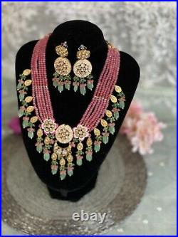 Uk Seller Latest Indian Bollywood Polki Kundan Haar Set In Pink and green