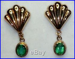 Uk Vintage Hallmarked 9ct Gold Naturally Mined Emerald Set Drop Pendant Earrings