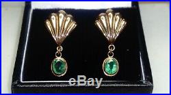 Uk Vintage Hallmarked 9ct Gold Naturally Mined Emerald Set Drop Pendant Earrings