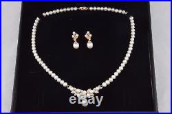 Unique 14K Yellow Gold Pearl & Diamond Necklace + Earring Set NICE