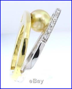 Unique Off Set Contemporary South Sea Pearl & Diamond Ring Two Tone 18 Kt Gold