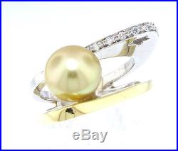 Unique Off Set Contemporary South Sea Pearl & Diamond Ring Two Tone 18 Kt Gold