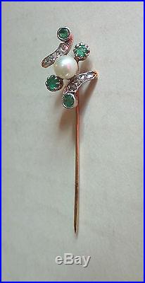 Unique Vintage 14k Gold Stick Pin, Authentic Prong Set Diamonds Emeralds & Pearl
