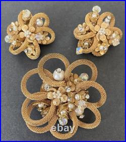 Unsigned Miriam Haskell Mesh Flower Crystal Seed Pearl Brooch & Clip Earring Set