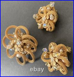 Unsigned Miriam Haskell Mesh Flower Crystal Seed Pearl Brooch & Clip Earring Set